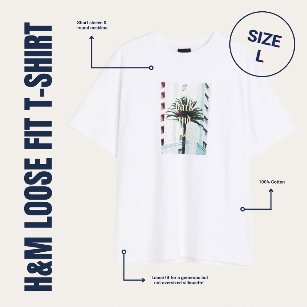 H&M White Short Sleeve Tee with Palm Tree Graphic